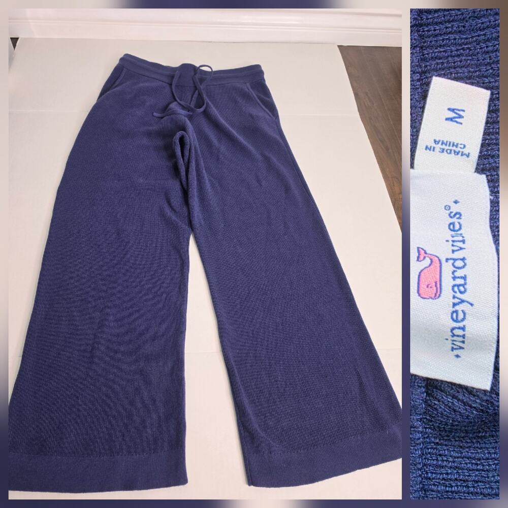 Vineyard Vines Wide Leg Knit Lounge Pants Womens Sz M Navy Pockets Relaxed Cozy